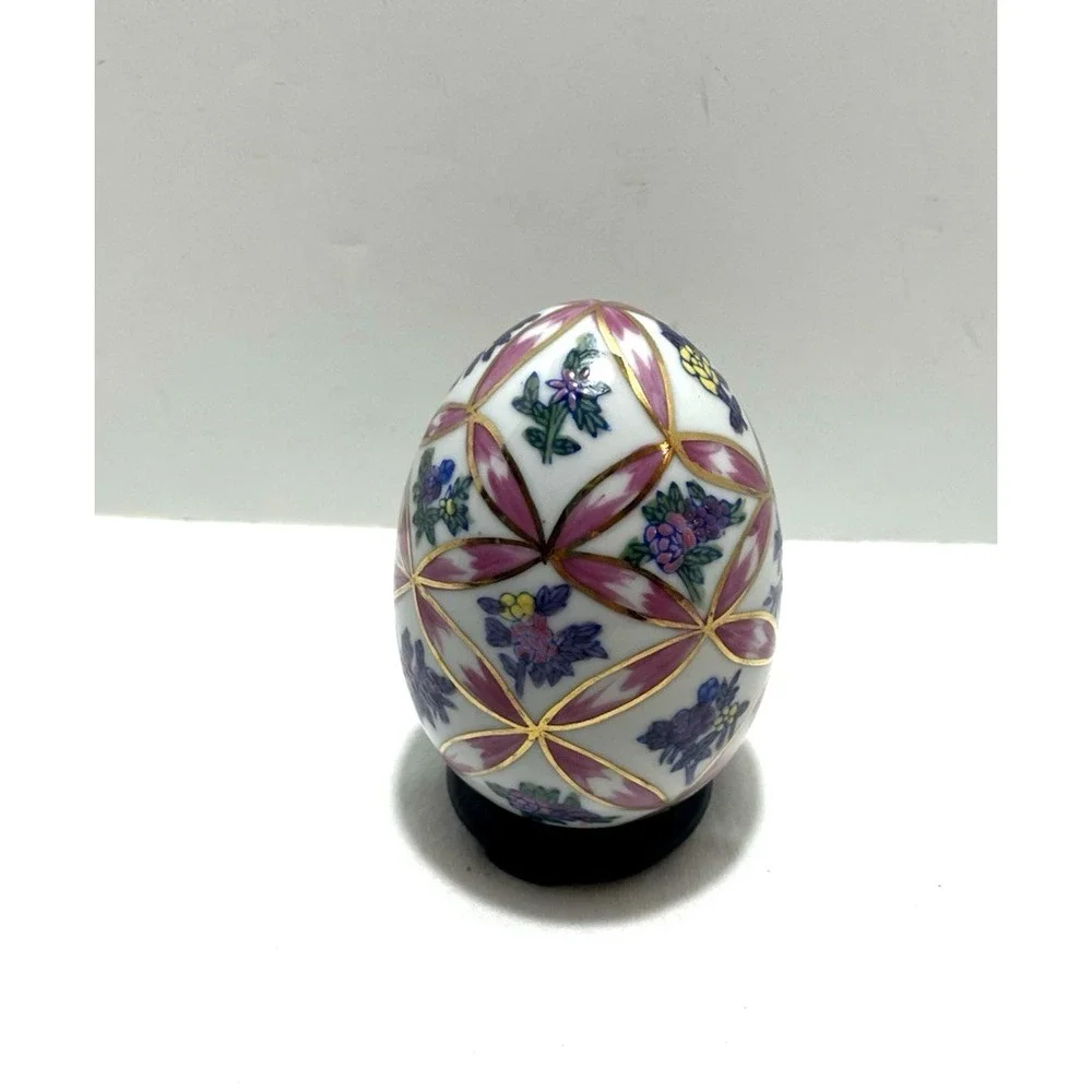 Vintage Hand Painted Porcelain Egg on Stand Floral Pink Ribbon Easter Cottage